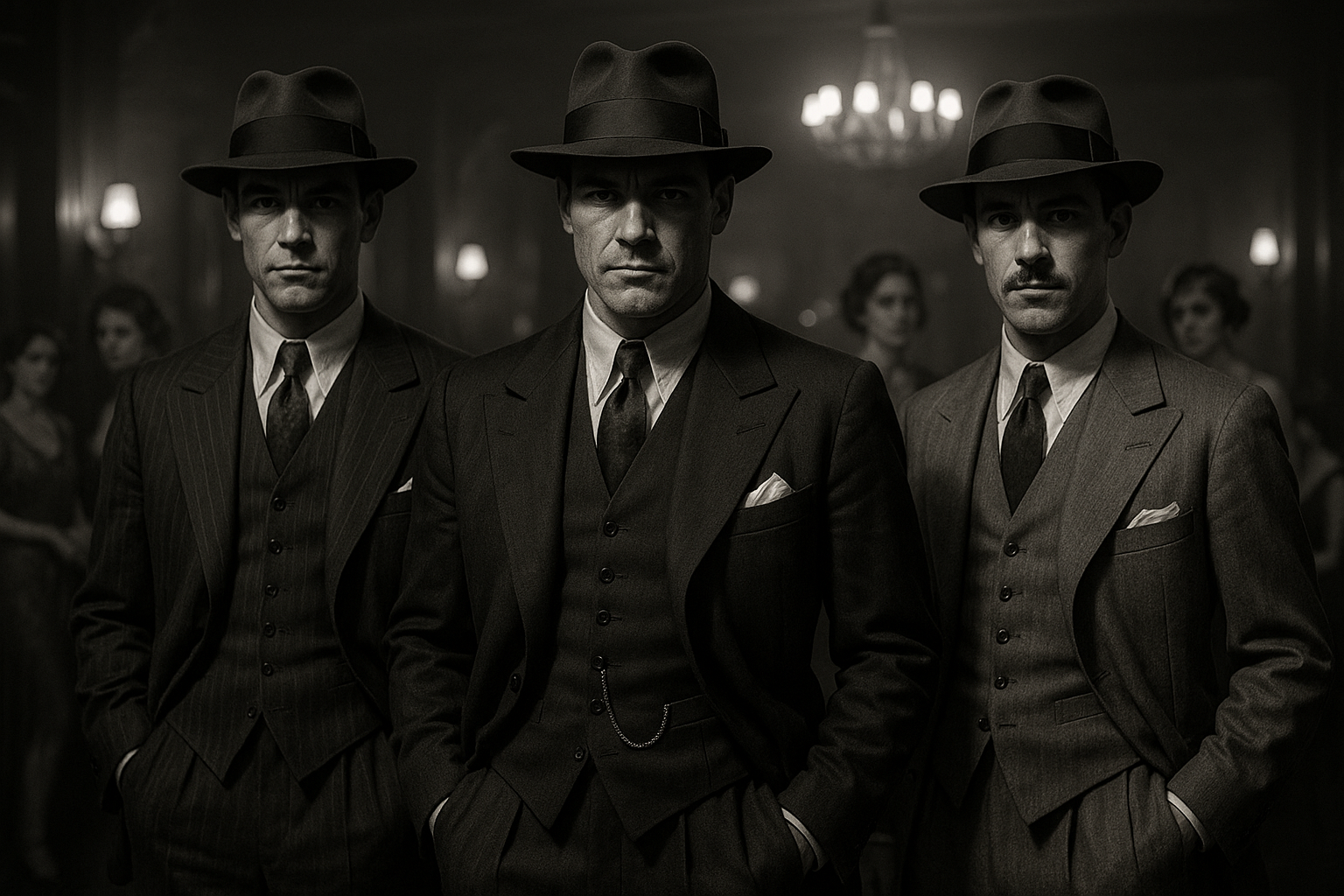 3 gangsters with women in the background